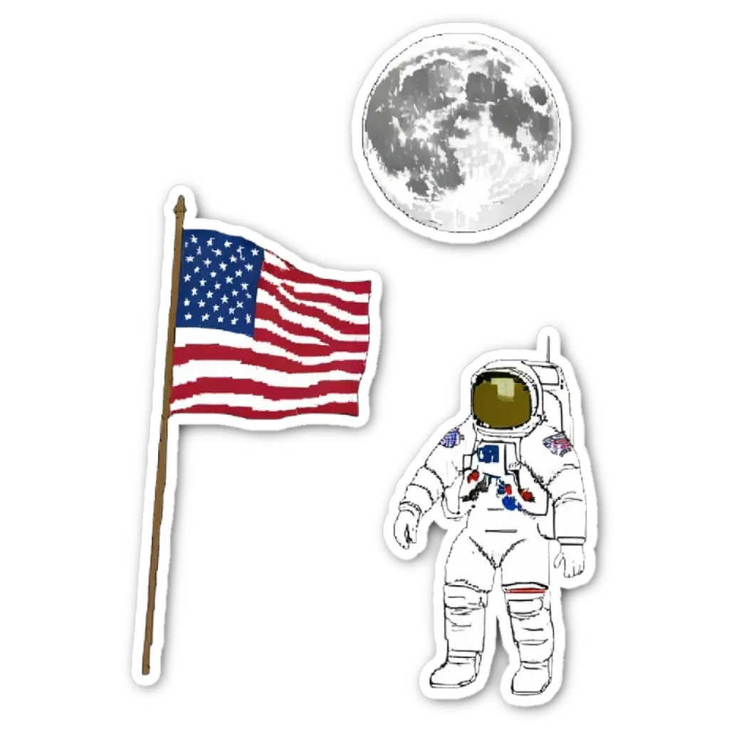 A flag is being raised on the moon and an American in space is looking at it.