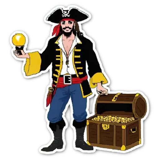 A man in a pirate costume holding a golden ball is next to a trunk.