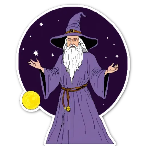 A drawing of a wizard that is purple in color.