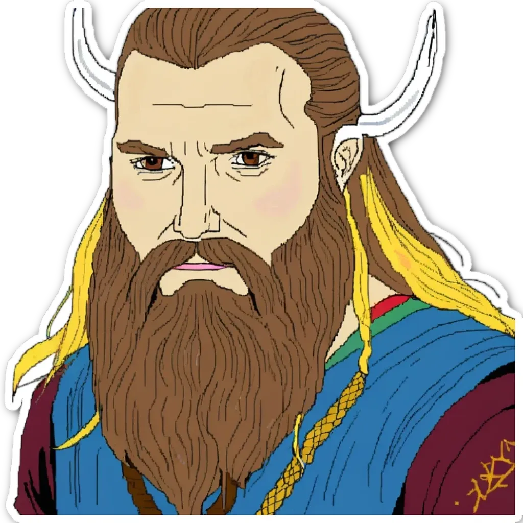 A bearded man with a Viking look is wearing a blue robe.