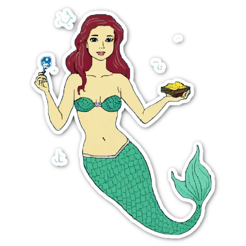 A drawing of a mermaid who is holding a piece of bread and a blue object.