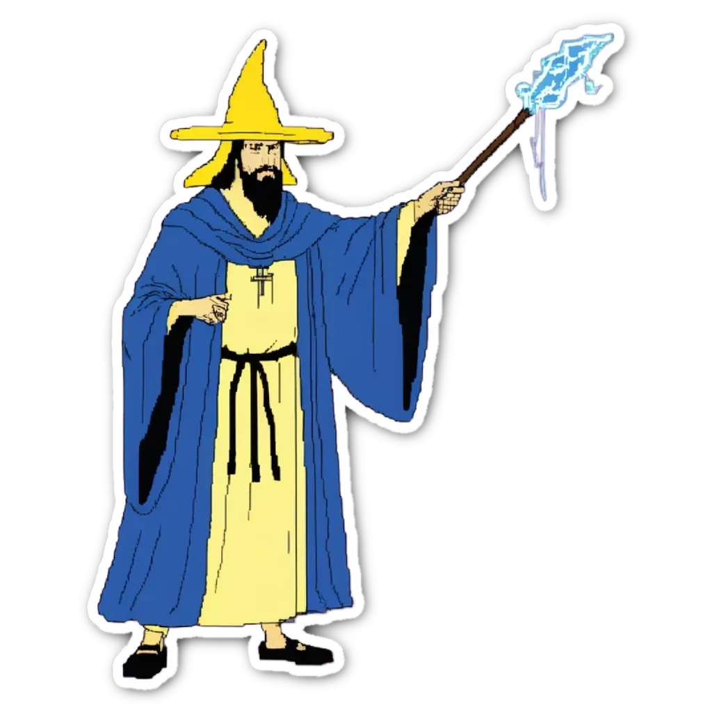 A cartoon drawing of a wizard with a wand.