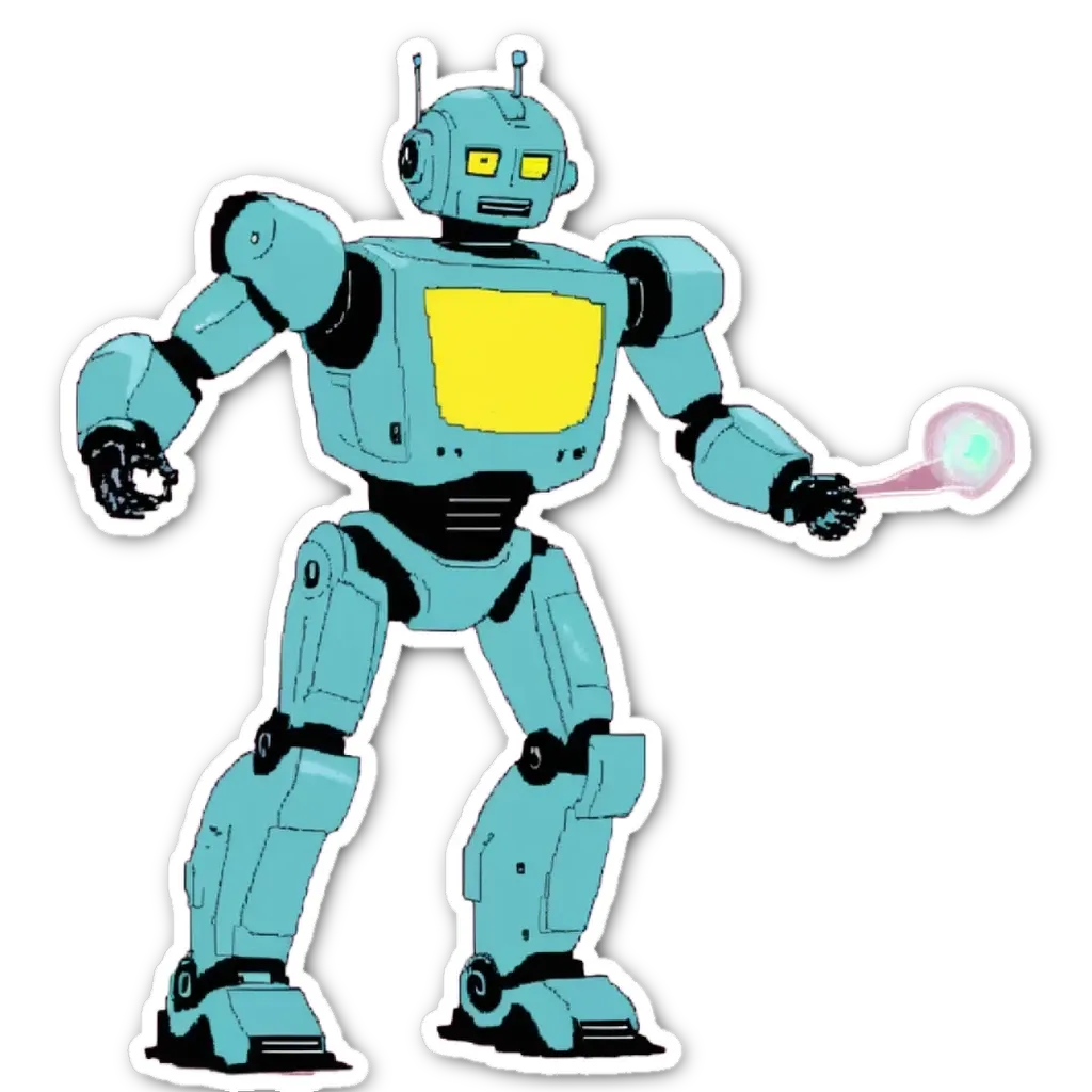 A blue robot with a yellow face holding a ball with its hand.