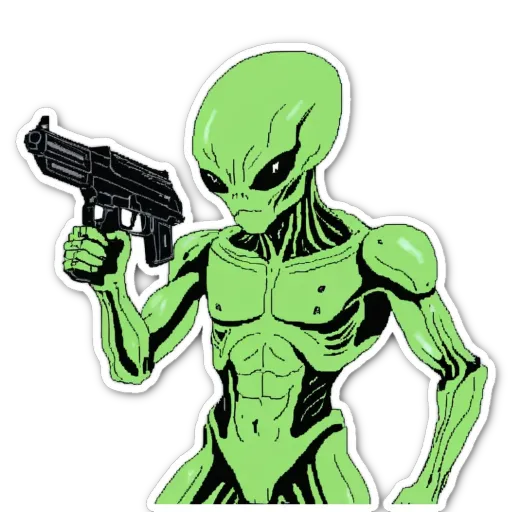 A green alien with a gun that is pointing at the earth.