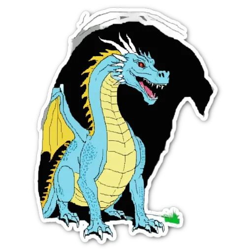 A blue and yellow dragon with yellow eyes and red mouth.