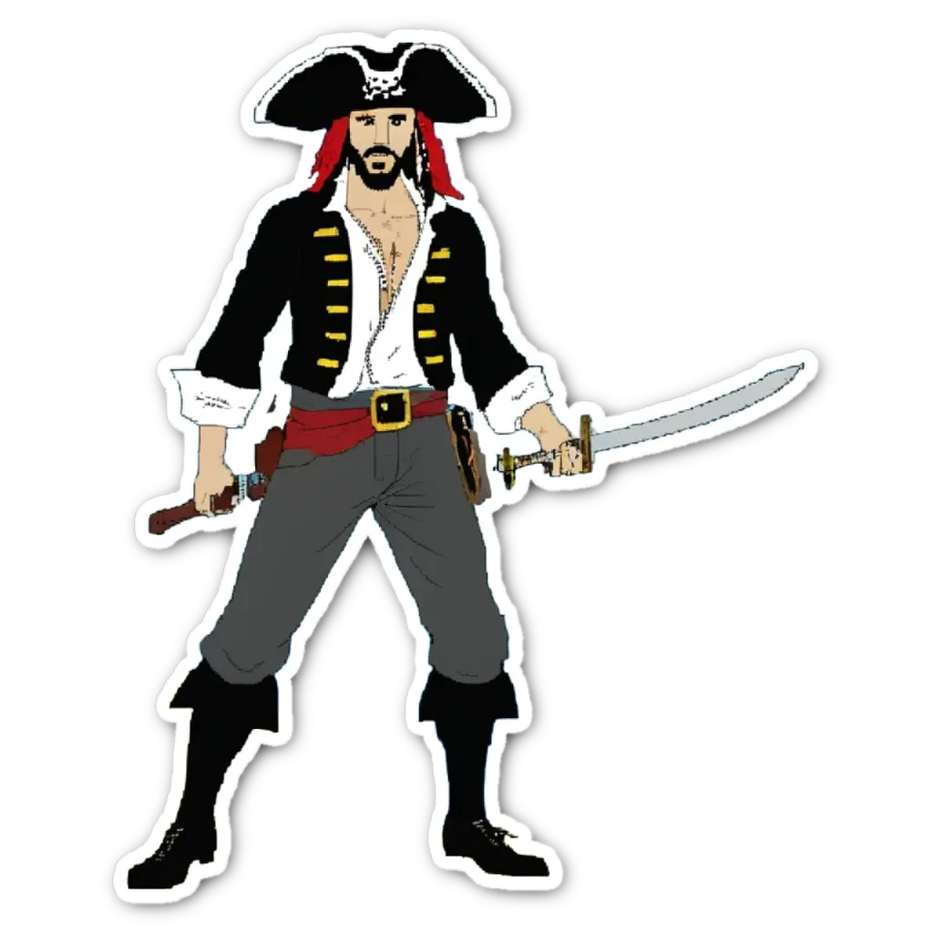 A cartoon drawing of a man in a pirate costume holding a sword.