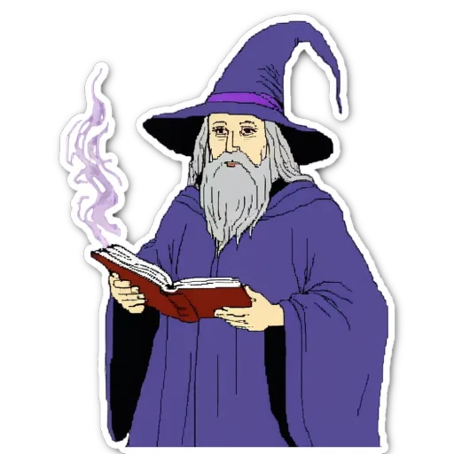 A cartoon drawing of a wizard reading from a book.