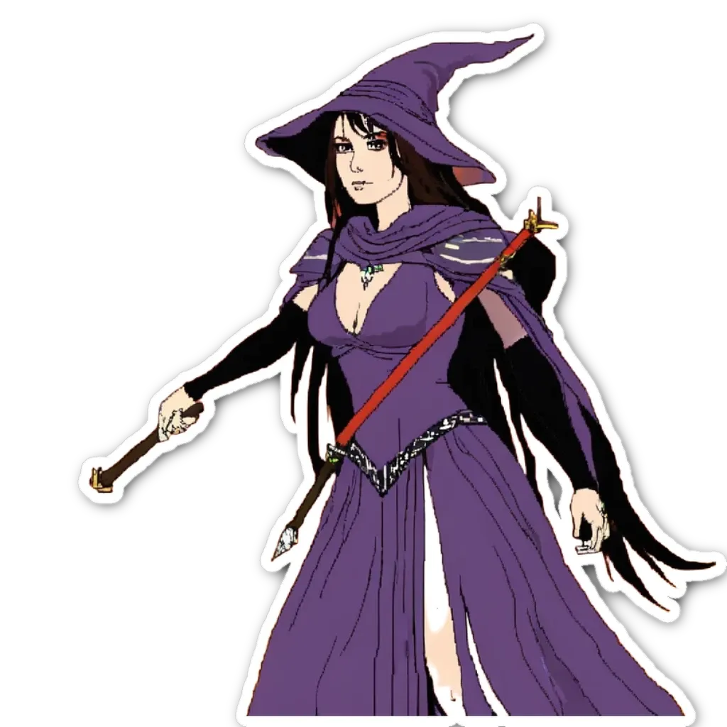 A woman with a wand is wearing a purple dress.