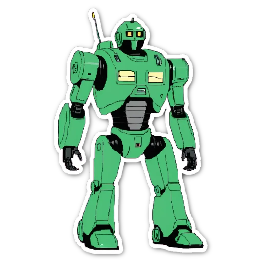 A green robot figure on a black background.