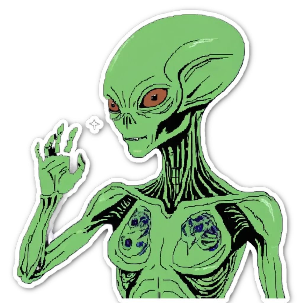 A green alien pointing with his finger.