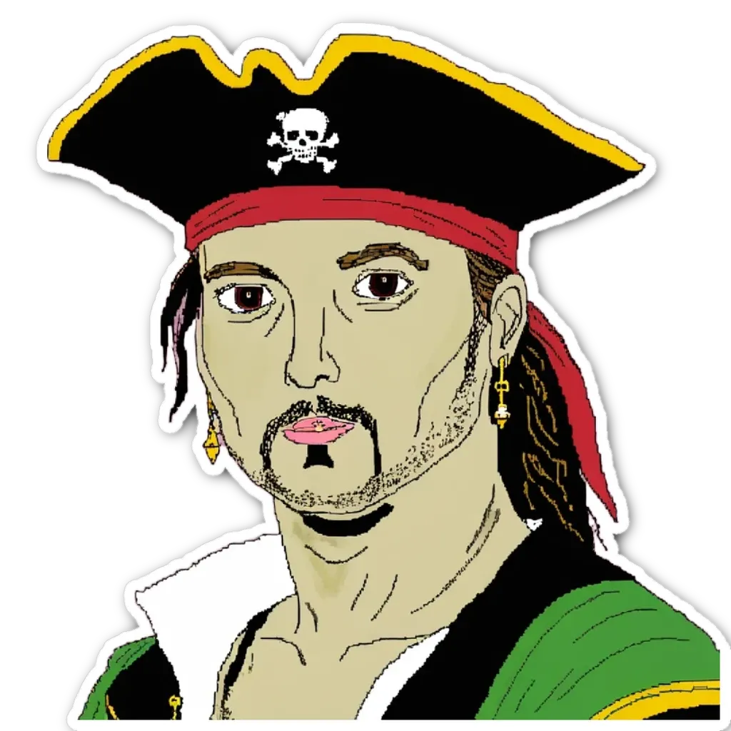 A very detailed drawing of a man wearing a pirate's hat and bandana.