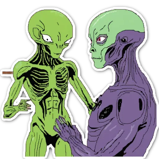 A purple alien and a green alien drawing closer to each other.