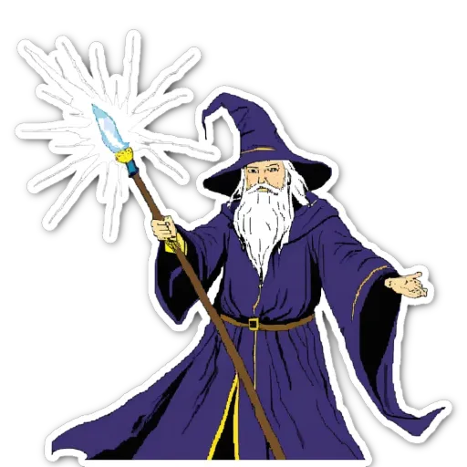 A cartoon drawing of a wizard with a staff.