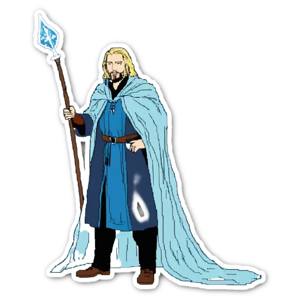 A white and blue character holding a staff is the focus of the image.