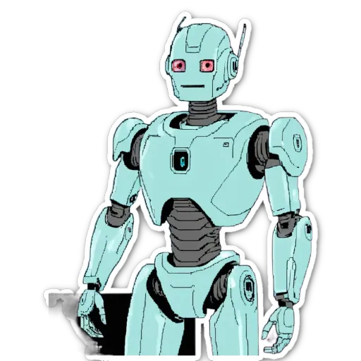 A blue robot with red eyes is holding a camera.