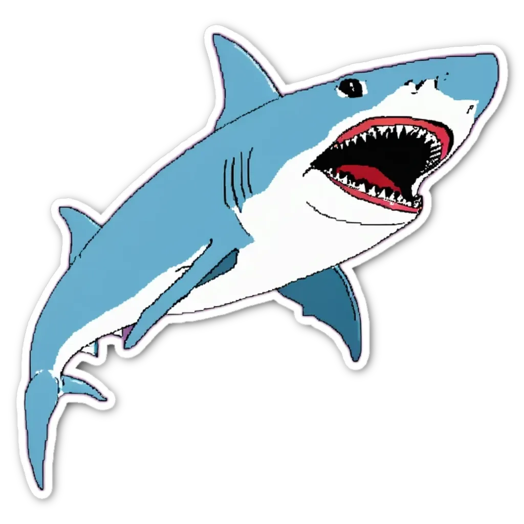 A blue and white shark sticker on a black background.