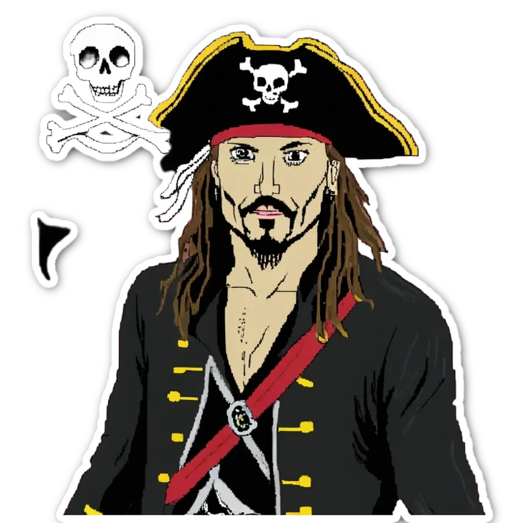 A drawing of a man in a pirate's costume with a skull and crossbones as a flag.