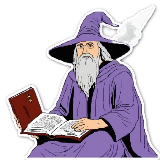 A cartoon drawing of a wizard reading from a book.