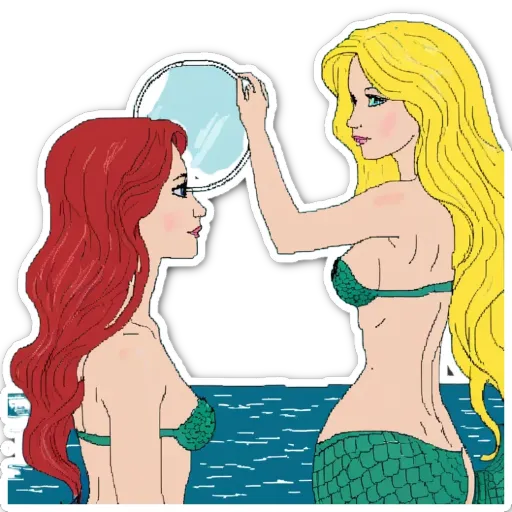 A mermaid putting something in the other mermaid's eye.