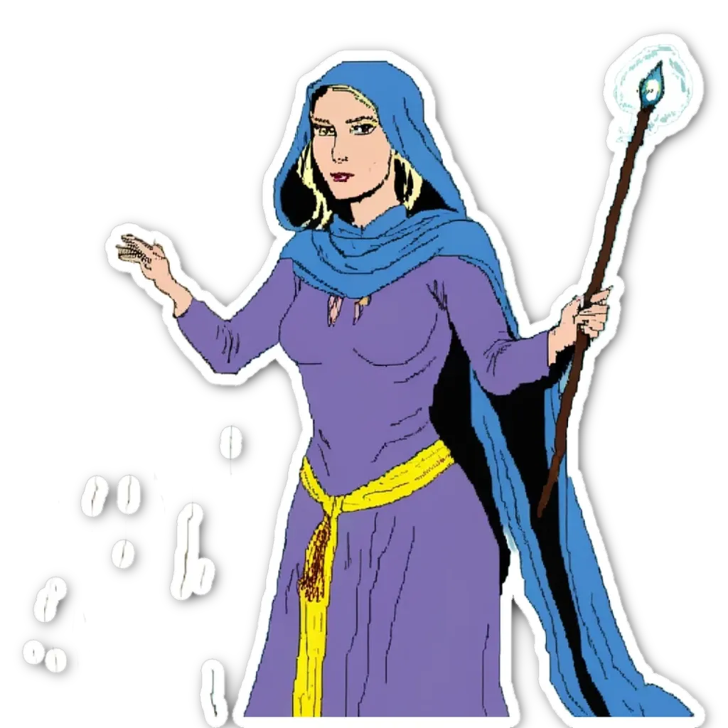 A sticker of a woman with a wand that is blue.