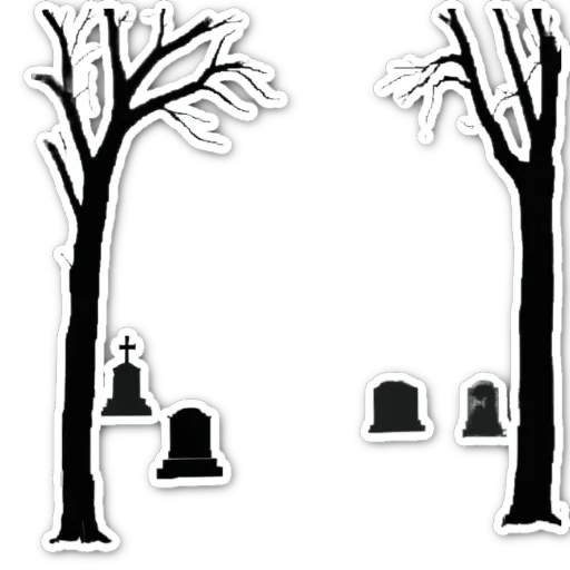 Two gravestones are in a cemetery with trees in front of them.