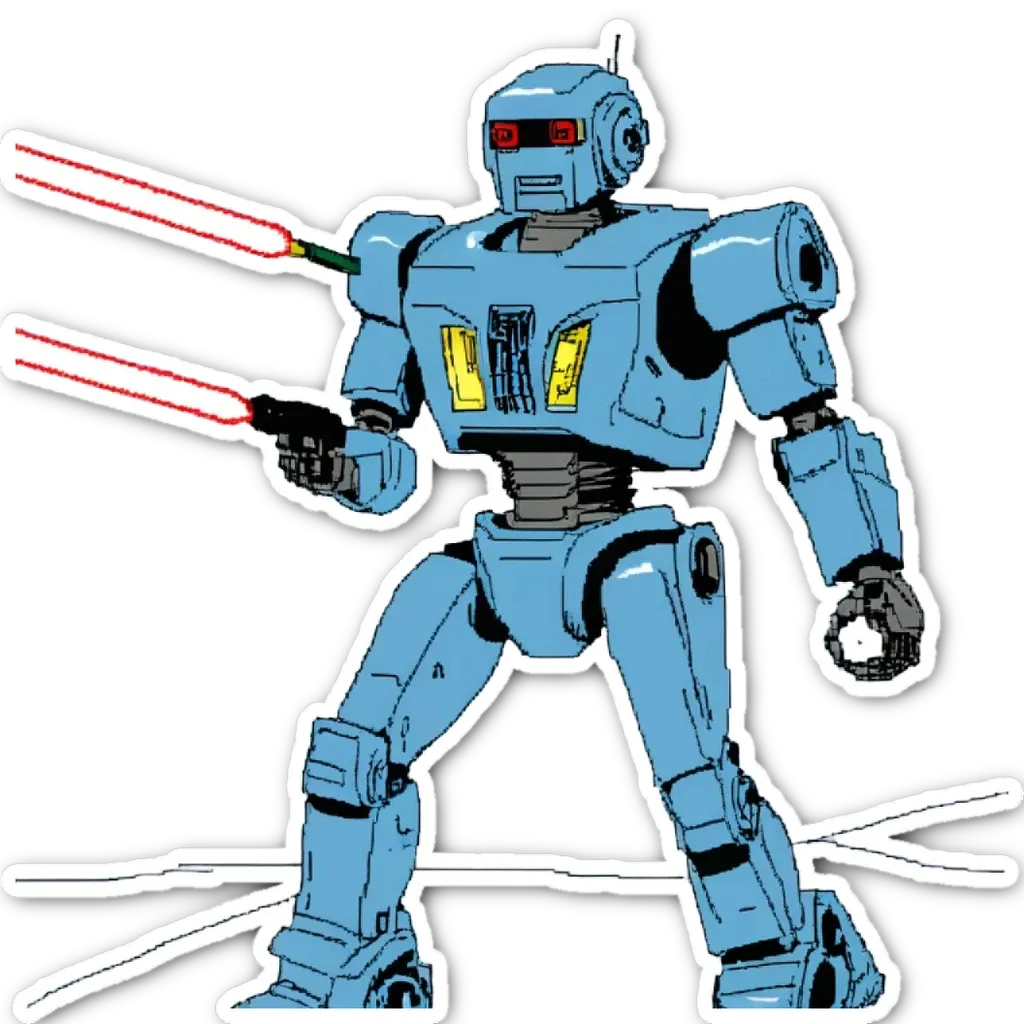 A blue robot with red eyes stands on a black background.