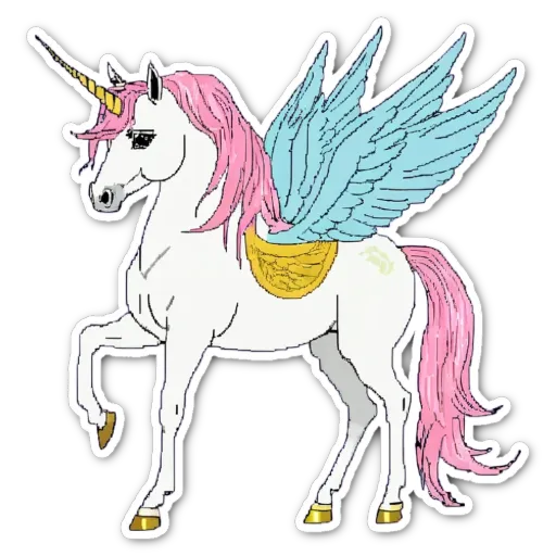 A unicorn with blue and pink wings is standing on a white background.