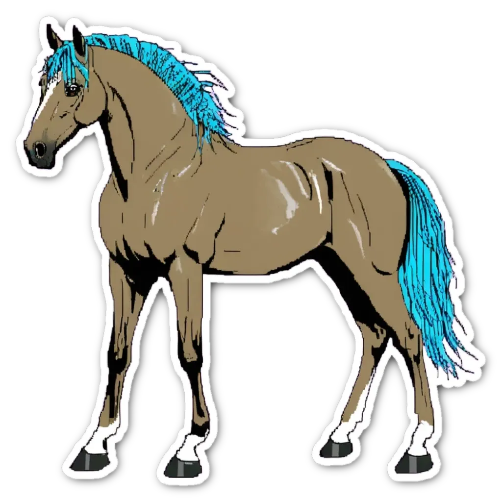 A cartoon drawing of a horse with blue hair.