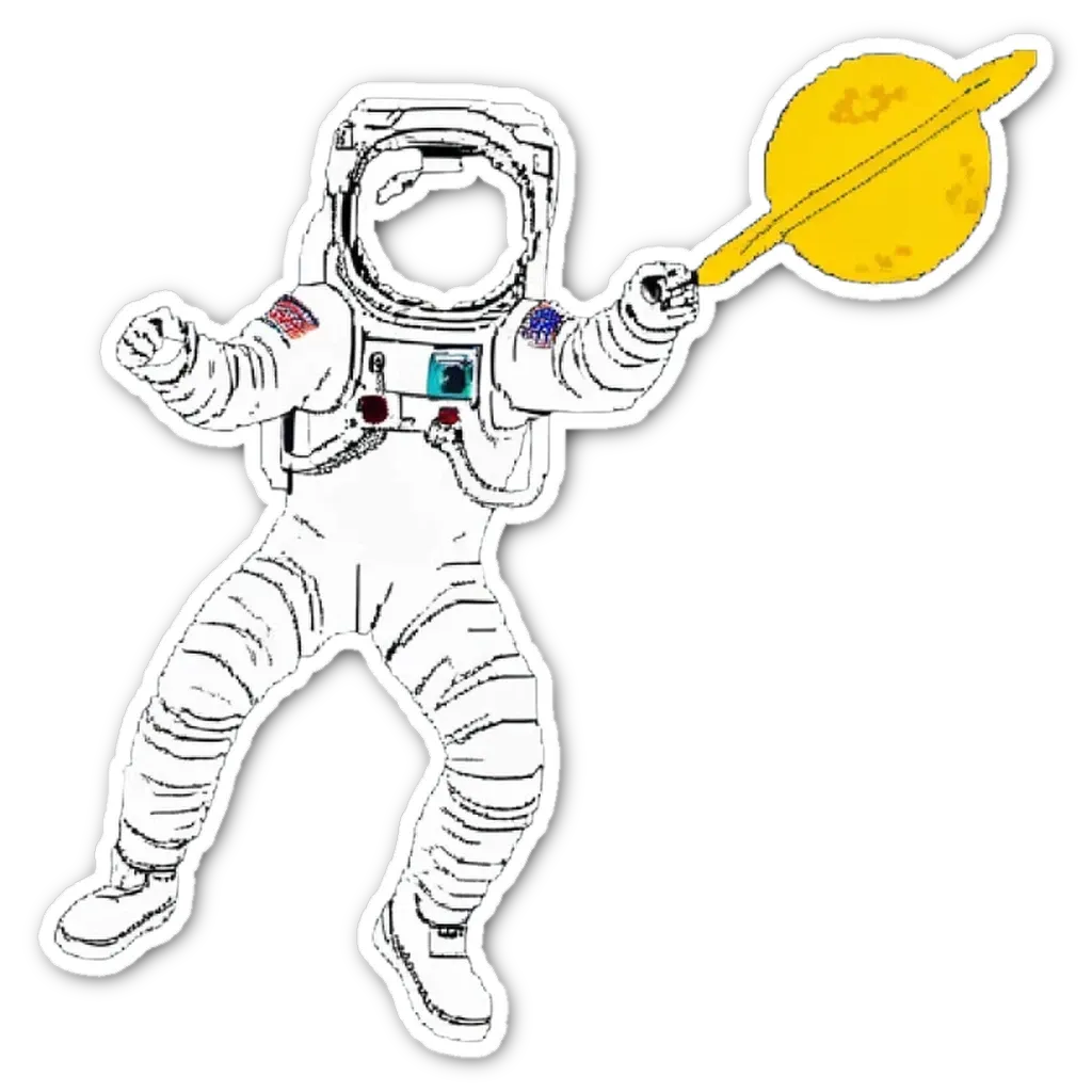 A sticker of an alien in space holding a planet with a spacesuit on.