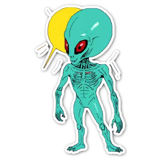 A green alien with two yellow eyes standing up with his arms wide.