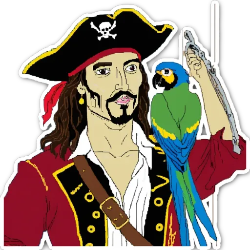 A man in a pirate costume holding a parrot on his arm.