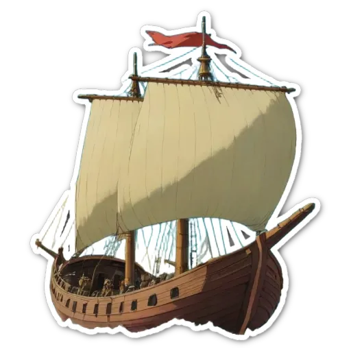 A sticker of a sailboat that is white and brown.