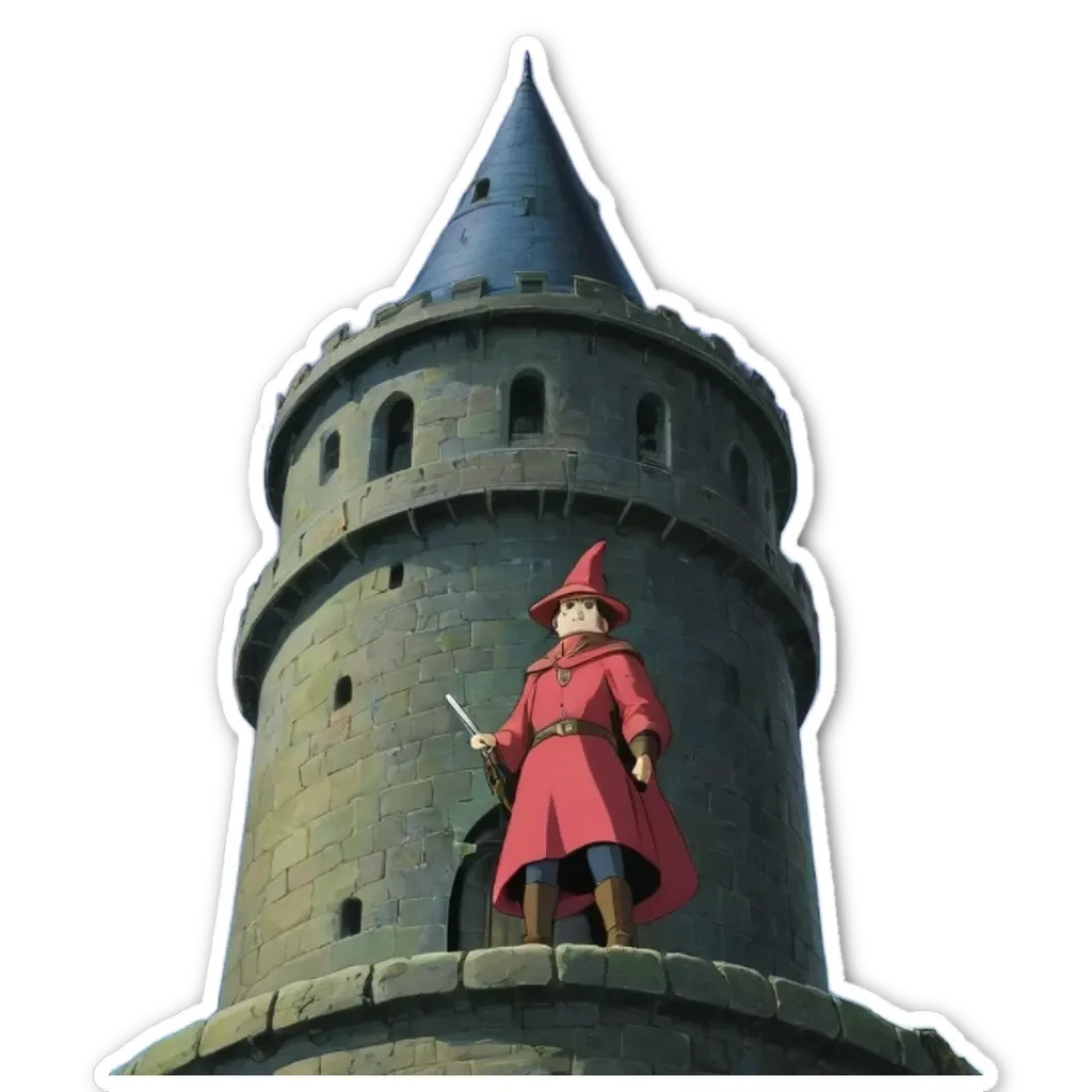 A man in a red costume standing on a tower overlooking a city.