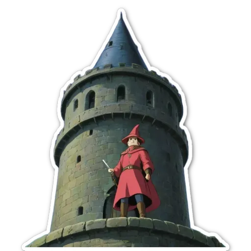 A man in a red costume standing on a tower overlooking a city.