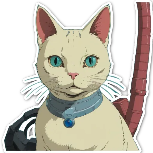 A cartoon cat with blue eyes is wearing a collar.