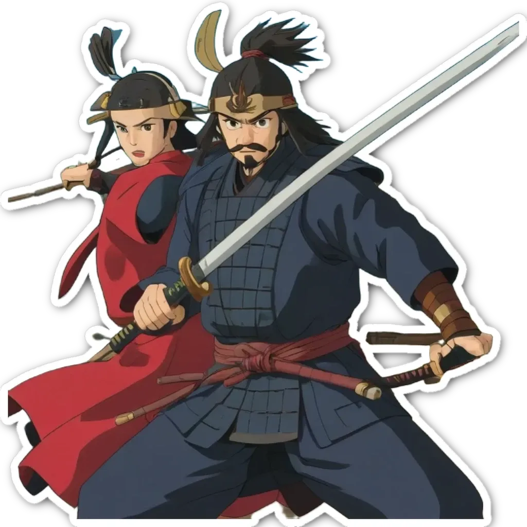 A man and a woman are holding swords and facing each other in a cartoonish manner.