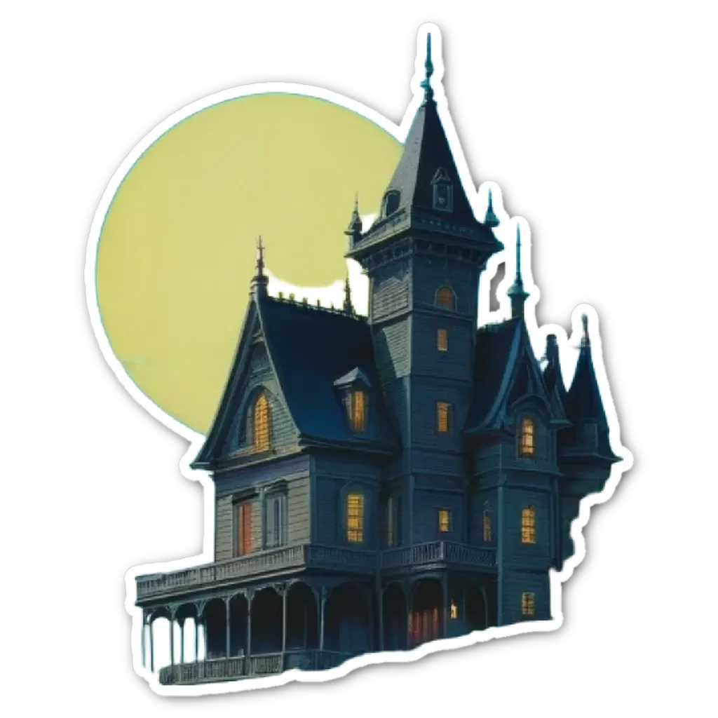 A sticker of a house with a full moon in the night sky.