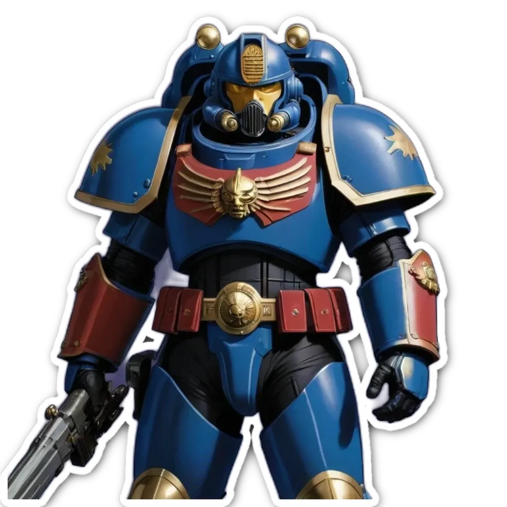 A blue figure with a gun is wearing red and gold accessories.