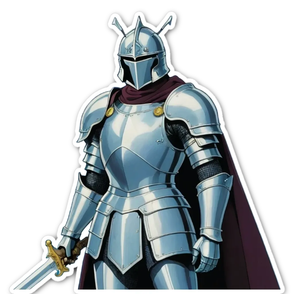 A knight in a silver costume with a sword at his side.