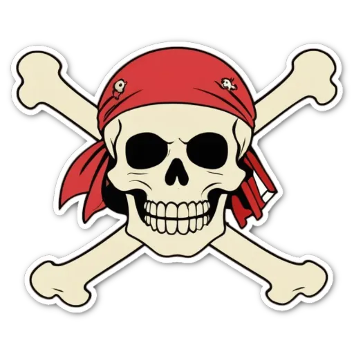 A skull with a red bandana is crossed by two pirate flags.