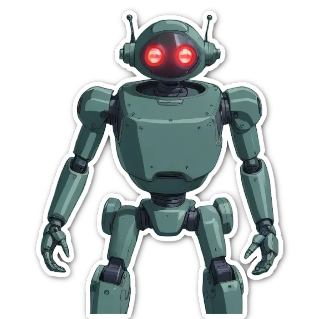 A green robot with red eyes is standing up.