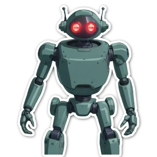 A green robot with red eyes is standing up.