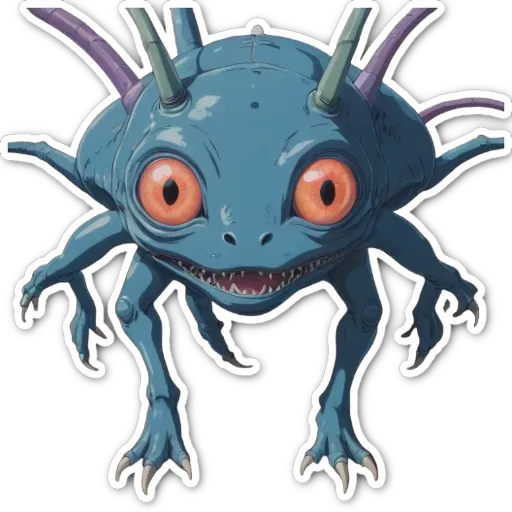 A blue creature with red eyes that is jumping.