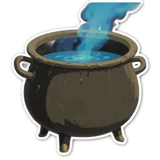 A cartoon of a cauldron with water and a blue puff coming out of it.