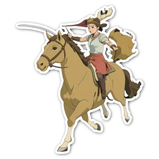 A woman is riding a horse in a cartoon style image.