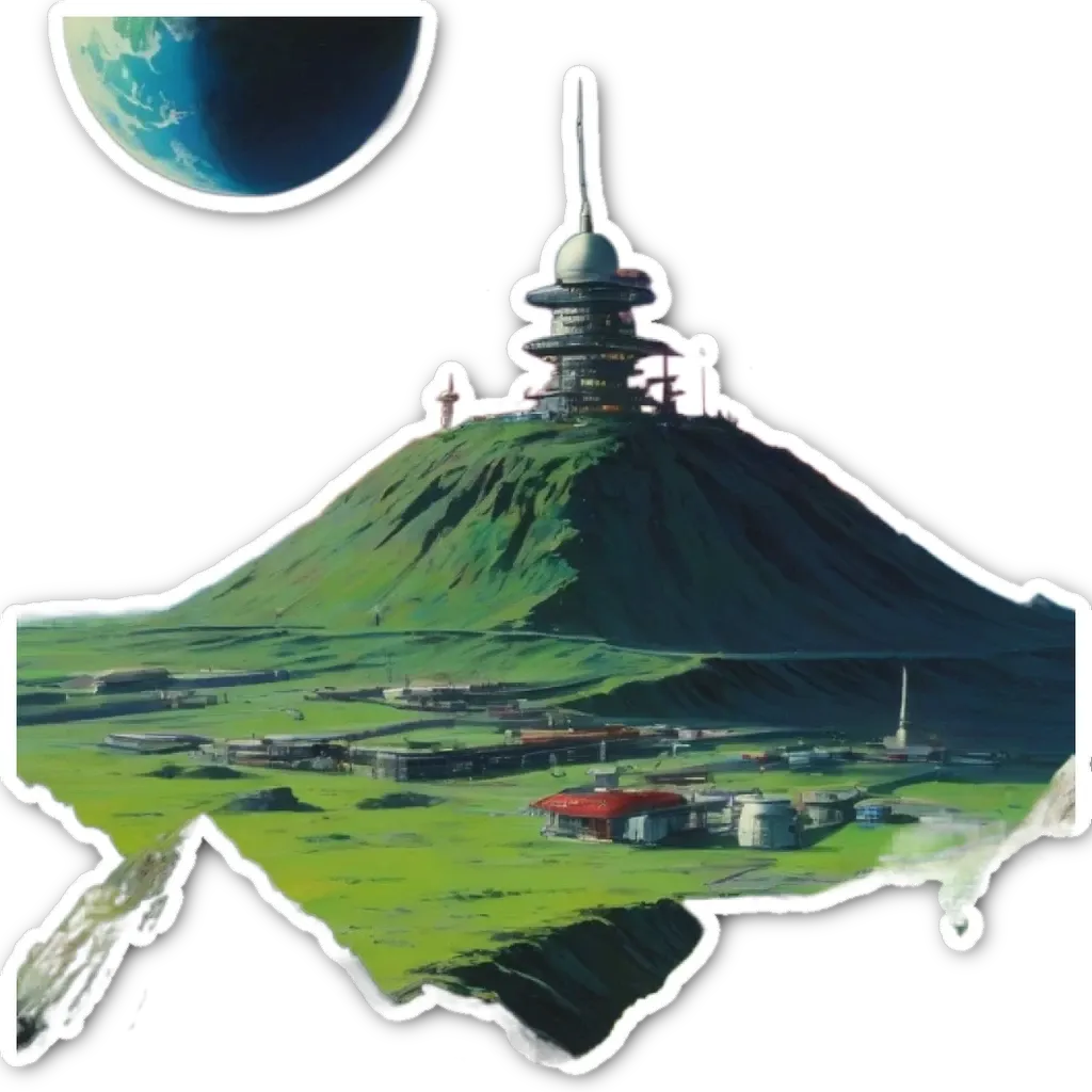 A picture of a foreign planet with a green landscape and a town on top of a hill.