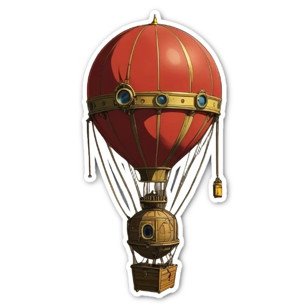 A red hot air balloon with a wooden basket on the bottom.