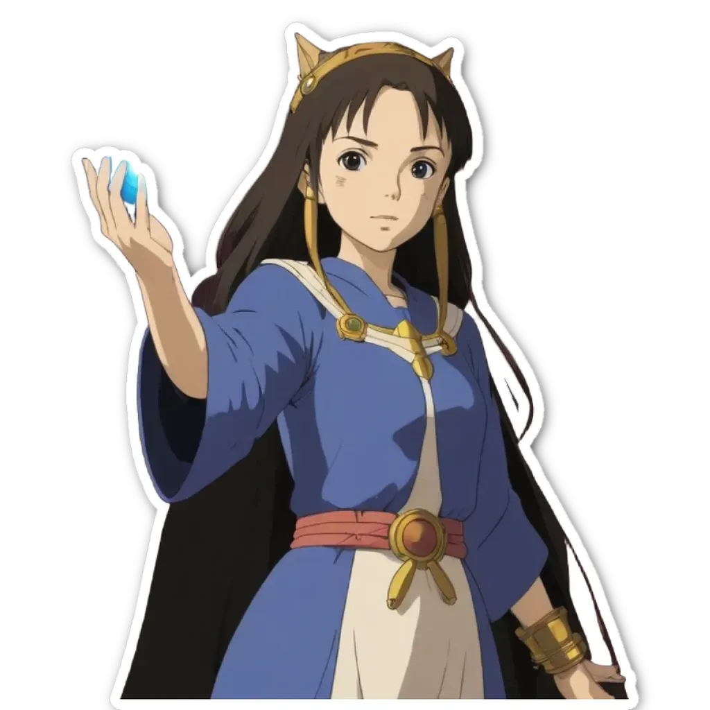 A woman holding a blue object in her hand is coloured as a anime character.