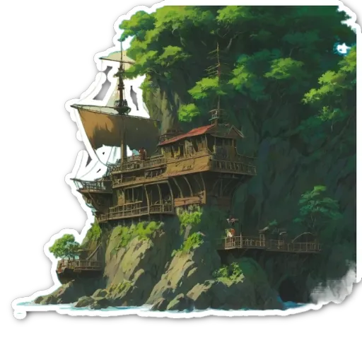 A sticker of a ship on a rock with a building on the rock.