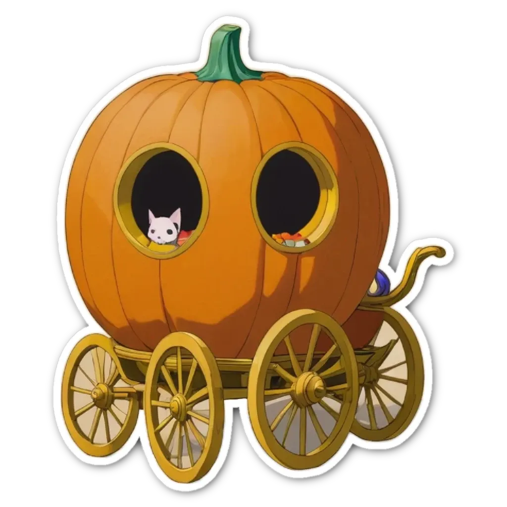 A pumpkin that is like a carriage is sitting on a black background.